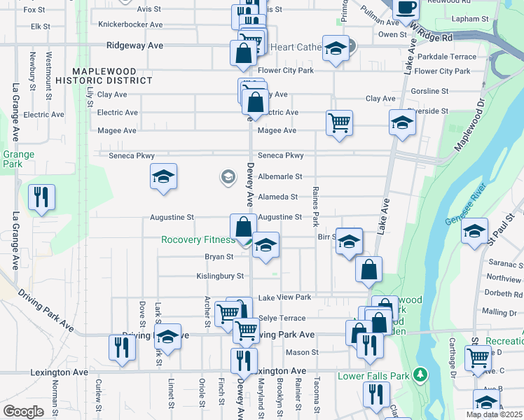 map of restaurants, bars, coffee shops, grocery stores, and more near in Rochester