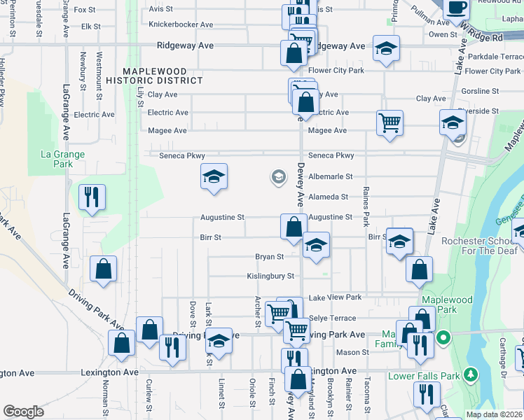 map of restaurants, bars, coffee shops, grocery stores, and more near 374 Augustine Street in Rochester