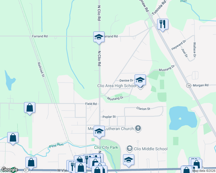 map of restaurants, bars, coffee shops, grocery stores, and more near 12345 Tuscola Road in Clio