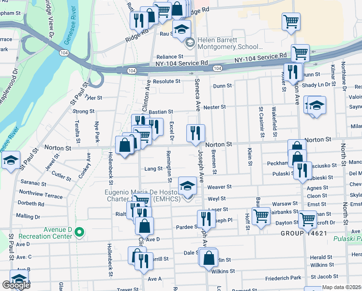 map of restaurants, bars, coffee shops, grocery stores, and more near 501 Norton Street in Rochester