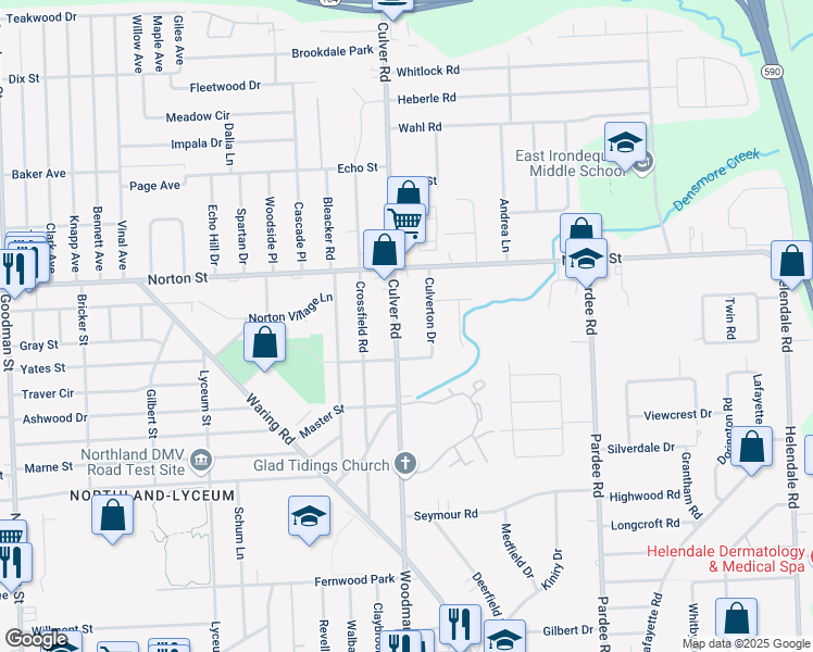 map of restaurants, bars, coffee shops, grocery stores, and more near 2200 Culver Road in Rochester