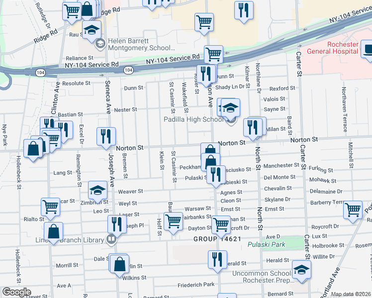 map of restaurants, bars, coffee shops, grocery stores, and more near 769 Norton Street in Rochester