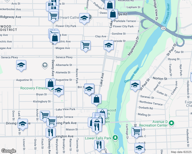 map of restaurants, bars, coffee shops, grocery stores, and more near 1115 Lake Avenue in Rochester
