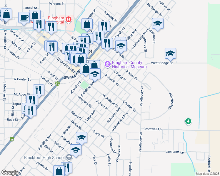 map of restaurants, bars, coffee shops, grocery stores, and more near 289 East Bridge Street in Blackfoot