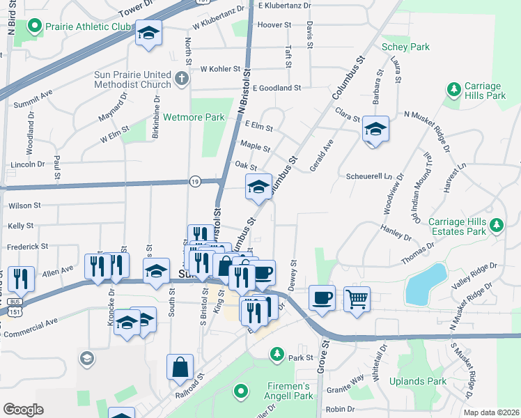 map of restaurants, bars, coffee shops, grocery stores, and more near 230 Columbus Street in Sun Prairie