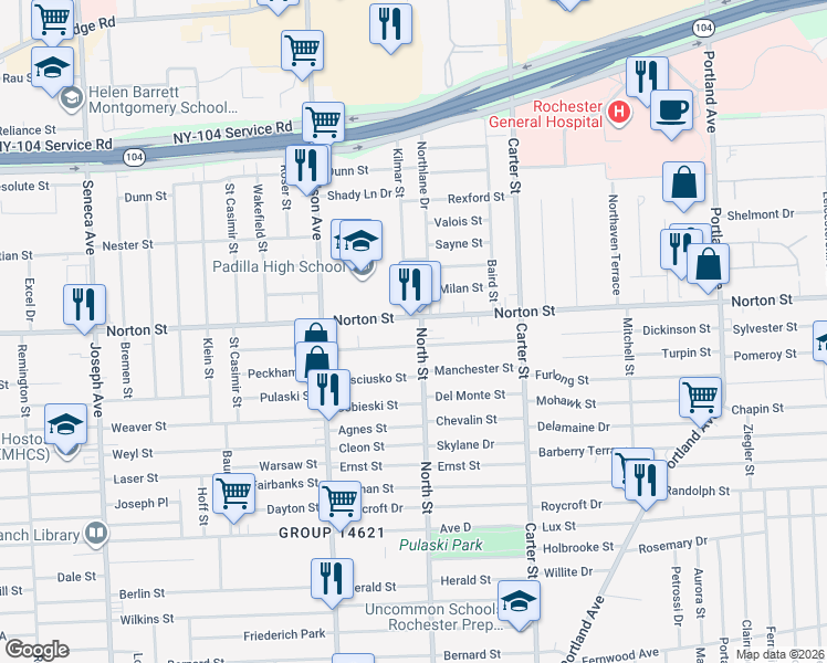 map of restaurants, bars, coffee shops, grocery stores, and more near 989 Norton Street in Rochester