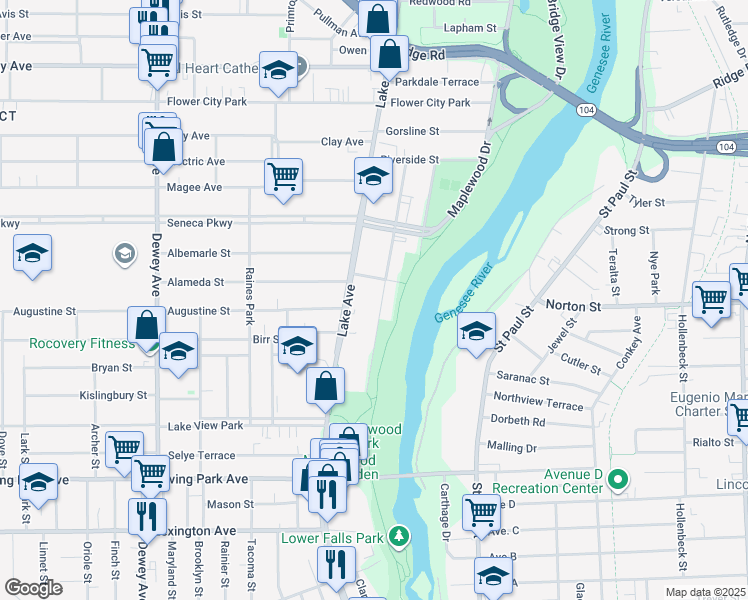 map of restaurants, bars, coffee shops, grocery stores, and more near 287 Maplewood Avenue in Rochester