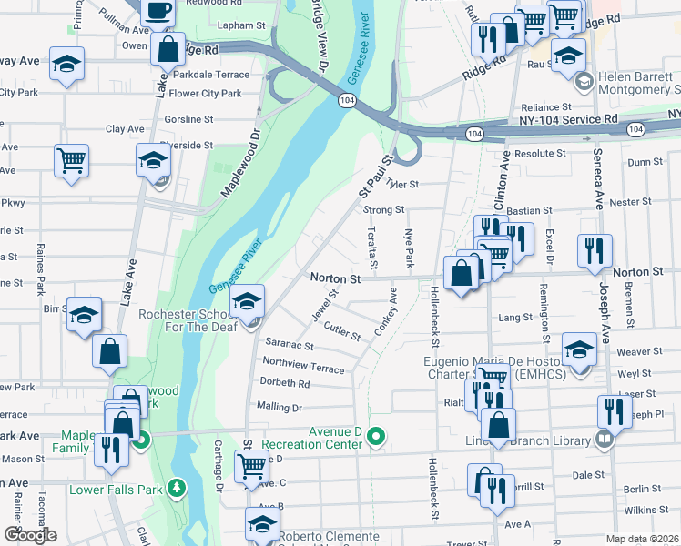map of restaurants, bars, coffee shops, grocery stores, and more near 130 Norton Street in Rochester