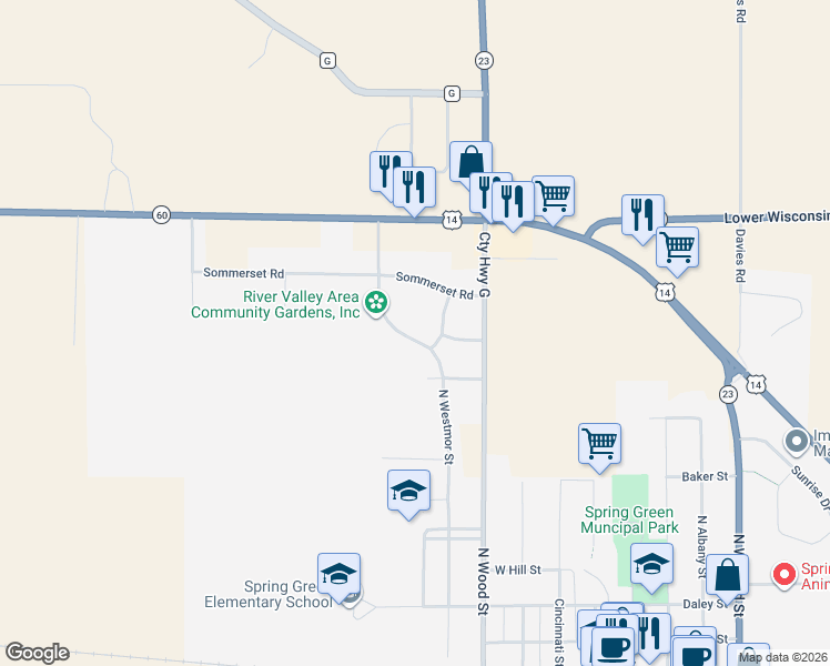 map of restaurants, bars, coffee shops, grocery stores, and more near 820 North Westmor Street in Spring Green