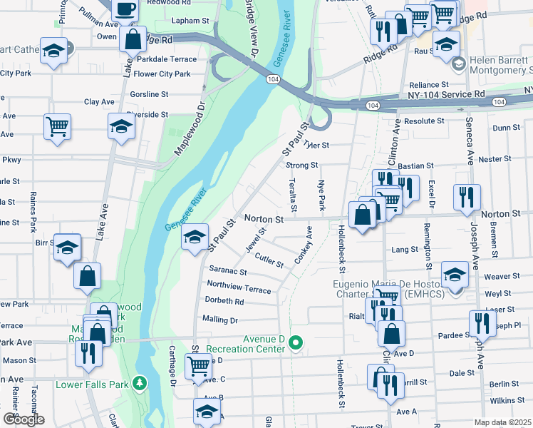 map of restaurants, bars, coffee shops, grocery stores, and more near 116 Norton Street in Rochester