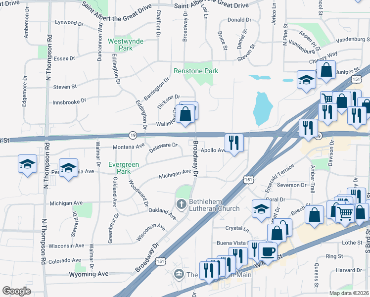 map of restaurants, bars, coffee shops, grocery stores, and more near 1710 Delaware Drive in Sun Prairie