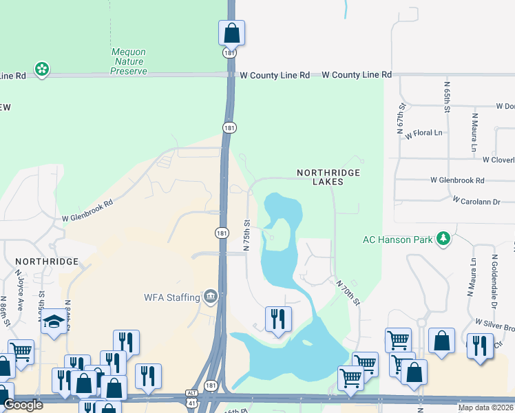 map of restaurants, bars, coffee shops, grocery stores, and more near 9220 North 75th Street in Milwaukee