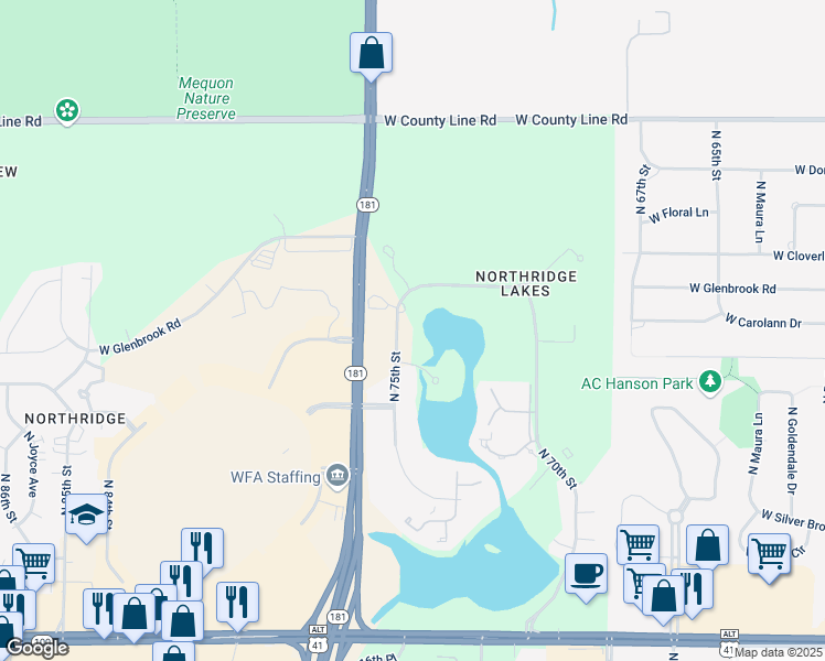 map of restaurants, bars, coffee shops, grocery stores, and more near 9220 North 75th Street in Milwaukee