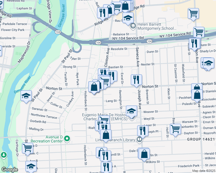 map of restaurants, bars, coffee shops, grocery stores, and more near 396 Norton Street in Rochester