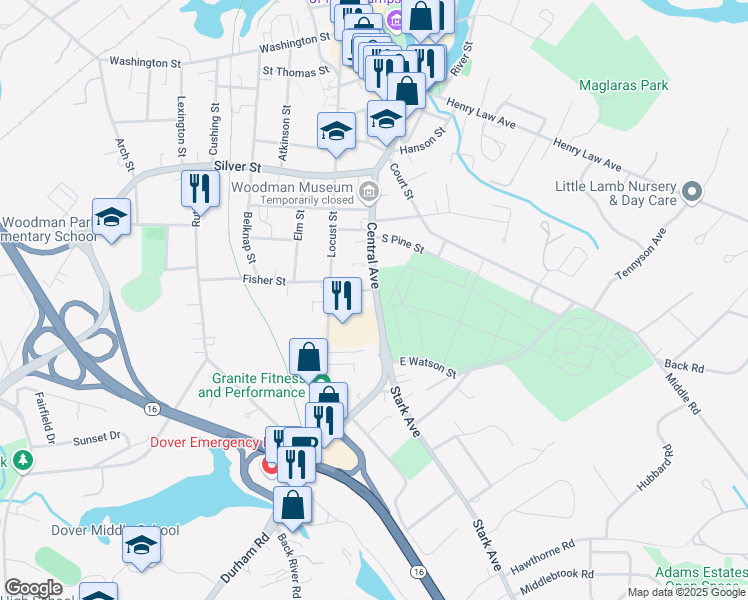 map of restaurants, bars, coffee shops, grocery stores, and more near 134 Central Avenue in Dover