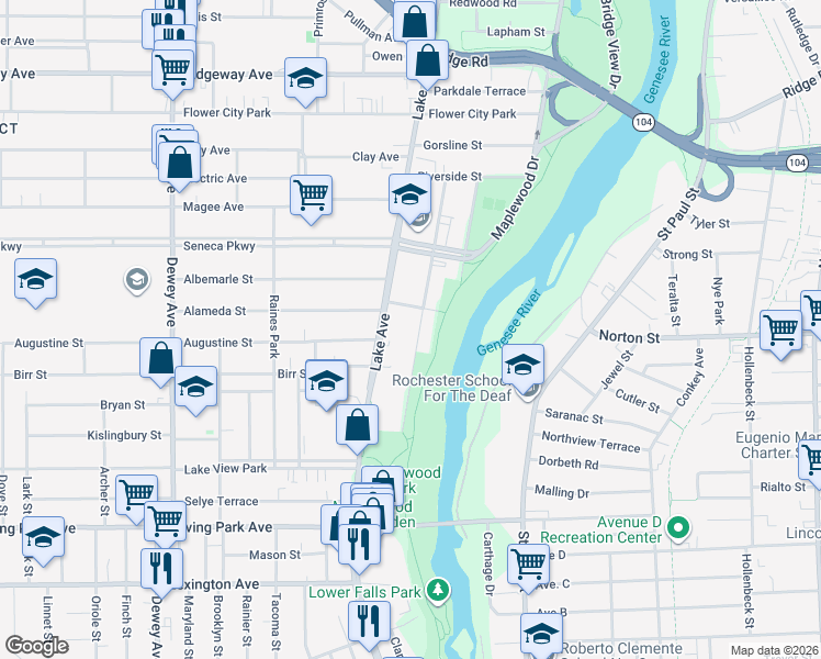 map of restaurants, bars, coffee shops, grocery stores, and more near 287 Maplewood Avenue in Rochester