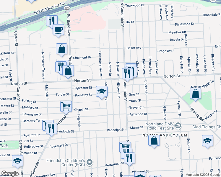 map of restaurants, bars, coffee shops, grocery stores, and more near 215 Norran Drive in Rochester
