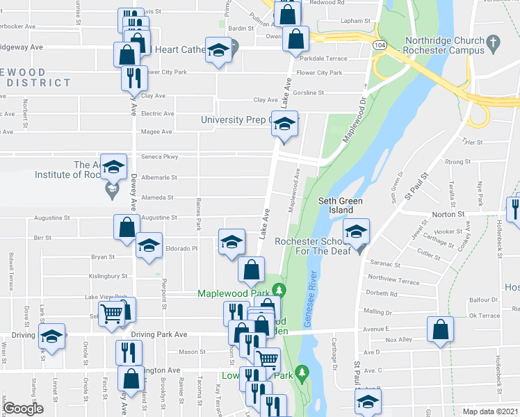 map of restaurants, bars, coffee shops, grocery stores, and more near 1115 Lake Avenue in Rochester
