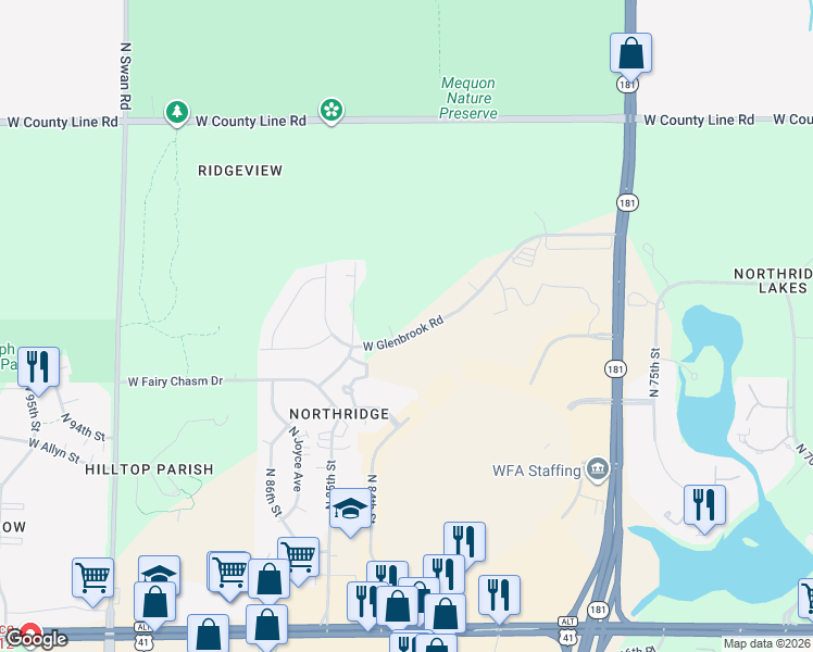 map of restaurants, bars, coffee shops, grocery stores, and more near 8222 West Glenbrook Road in Milwaukee