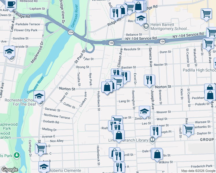 map of restaurants, bars, coffee shops, grocery stores, and more near 330 Norton Street in Rochester