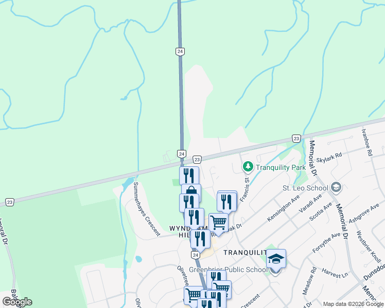 map of restaurants, bars, coffee shops, grocery stores, and more near 358 King George Road in Brantford