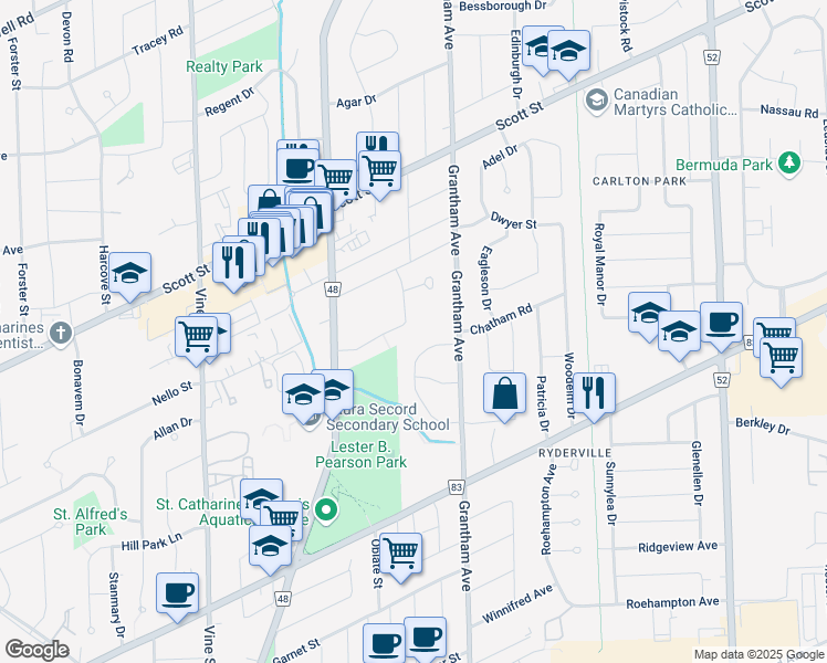 map of restaurants, bars, coffee shops, grocery stores, and more near 21 Meadowbrook Crescent in St. Catharines