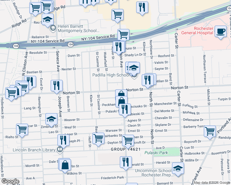 map of restaurants, bars, coffee shops, grocery stores, and more near 823 Norton Street in Rochester