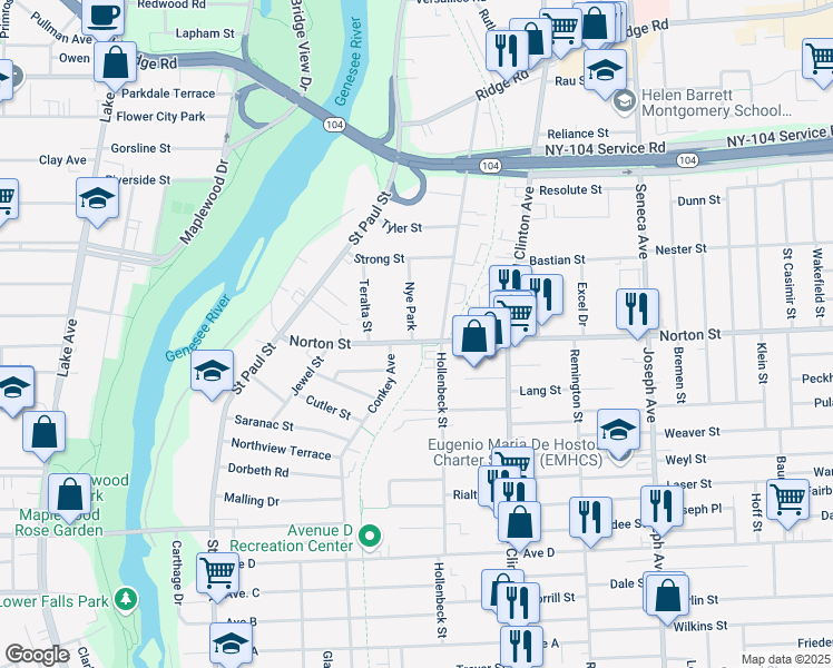 map of restaurants, bars, coffee shops, grocery stores, and more near 234 Norton Street in Rochester