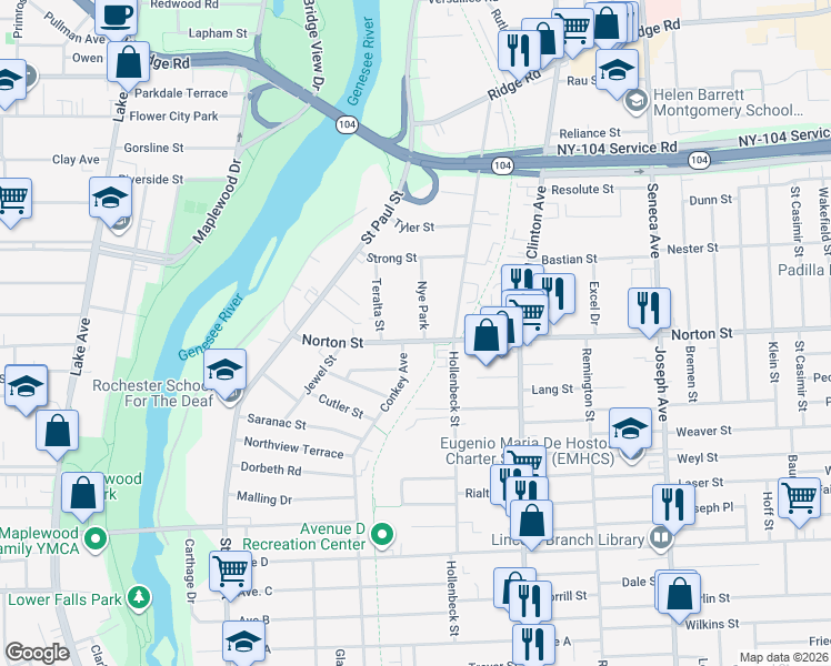 map of restaurants, bars, coffee shops, grocery stores, and more near 234 Norton Street in Rochester