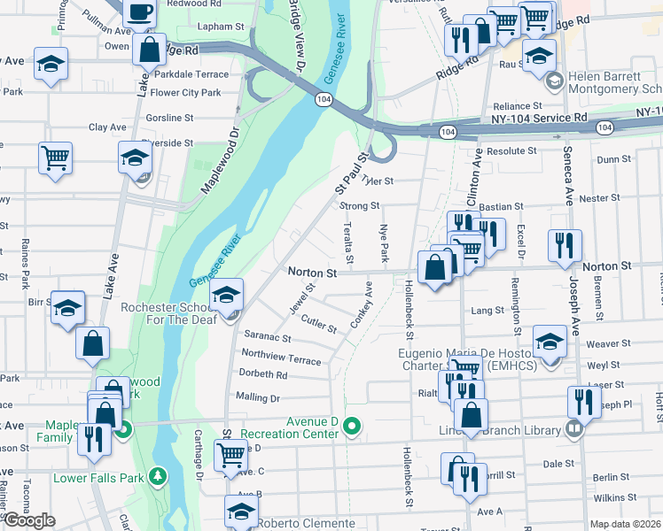 map of restaurants, bars, coffee shops, grocery stores, and more near 130 Norton Street in Rochester
