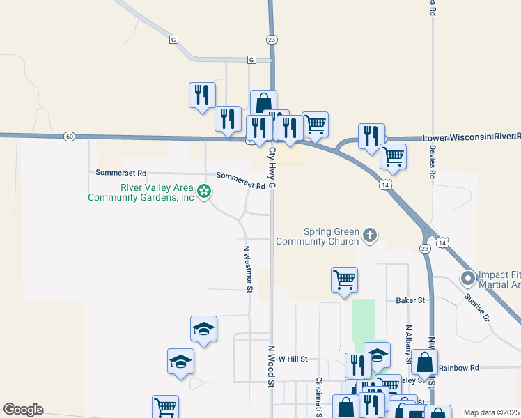 map of restaurants, bars, coffee shops, grocery stores, and more near 513 Jordan Way in Spring Green