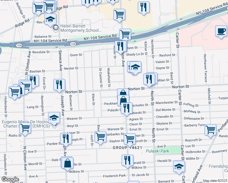 map of restaurants, bars, coffee shops, grocery stores, and more near 823 Norton Street in Rochester