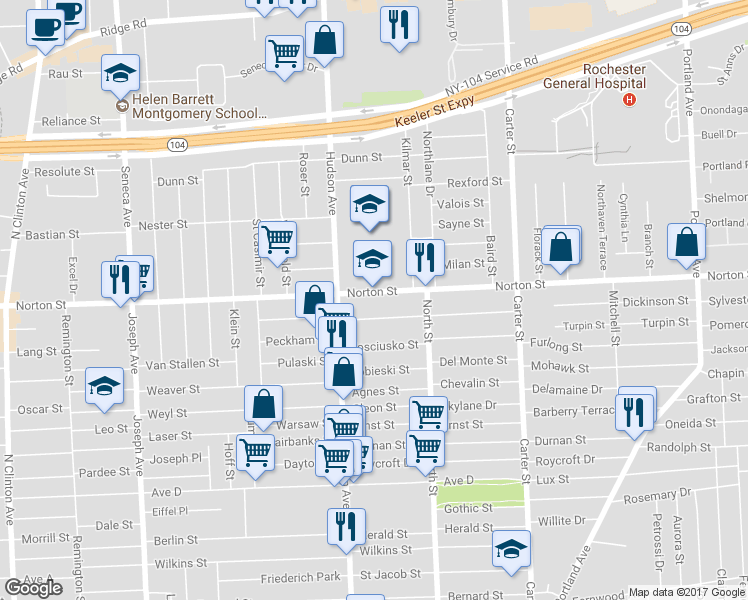 map of restaurants, bars, coffee shops, grocery stores, and more near 919 Norton Street in Rochester
