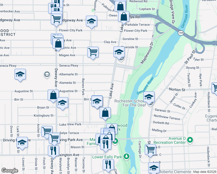 map of restaurants, bars, coffee shops, grocery stores, and more near 1115 Lake Avenue in Rochester