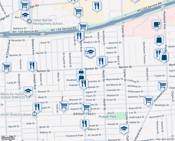 map of restaurants, bars, coffee shops, grocery stores, and more near 919 Norton Street in Rochester