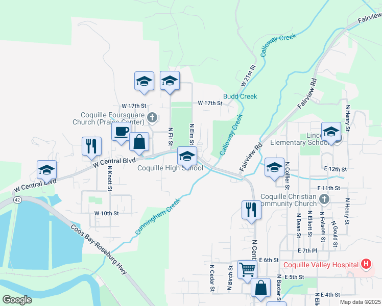 map of restaurants, bars, coffee shops, grocery stores, and more near 499 West Central Boulevard in Coquille