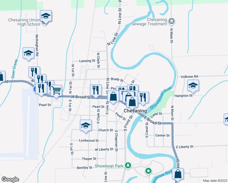 map of restaurants, bars, coffee shops, grocery stores, and more near 119 Lincoln Street in Chesaning