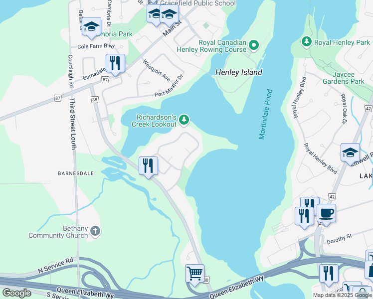 map of restaurants, bars, coffee shops, grocery stores, and more near 15 Empire Court in Saint Catharines