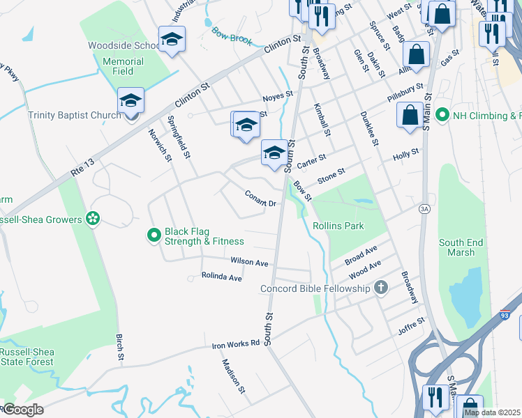 map of restaurants, bars, coffee shops, grocery stores, and more near 2 Rundlett Street in Concord