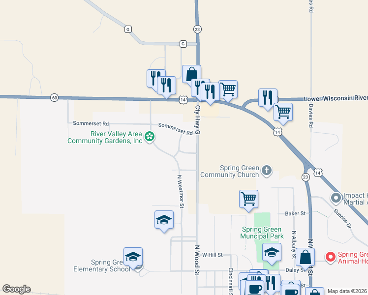 map of restaurants, bars, coffee shops, grocery stores, and more near 513 Jordan Way in Spring Green
