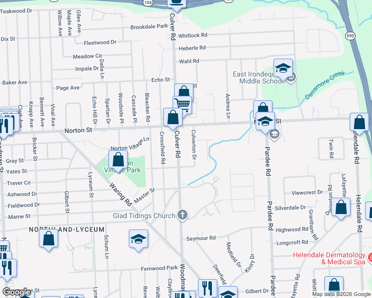 map of restaurants, bars, coffee shops, grocery stores, and more near 2200 Culver Road in Rochester