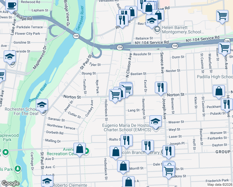 map of restaurants, bars, coffee shops, grocery stores, and more near in Rochester