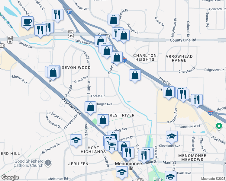 map of restaurants, bars, coffee shops, grocery stores, and more near W168N9289 Grand Avenue in Menomonee Falls