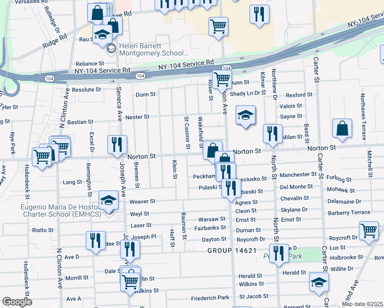 map of restaurants, bars, coffee shops, grocery stores, and more near 769 Norton Street in Rochester