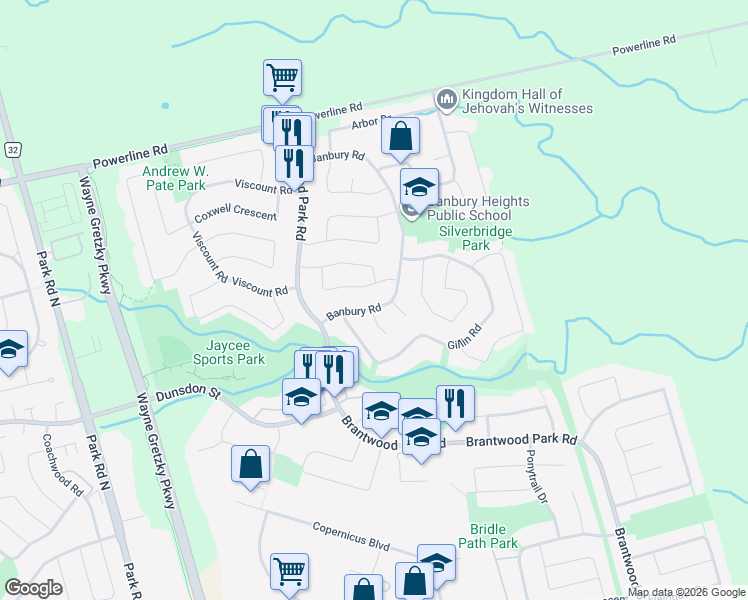 map of restaurants, bars, coffee shops, grocery stores, and more near 176 Banbury Road in Brantford
