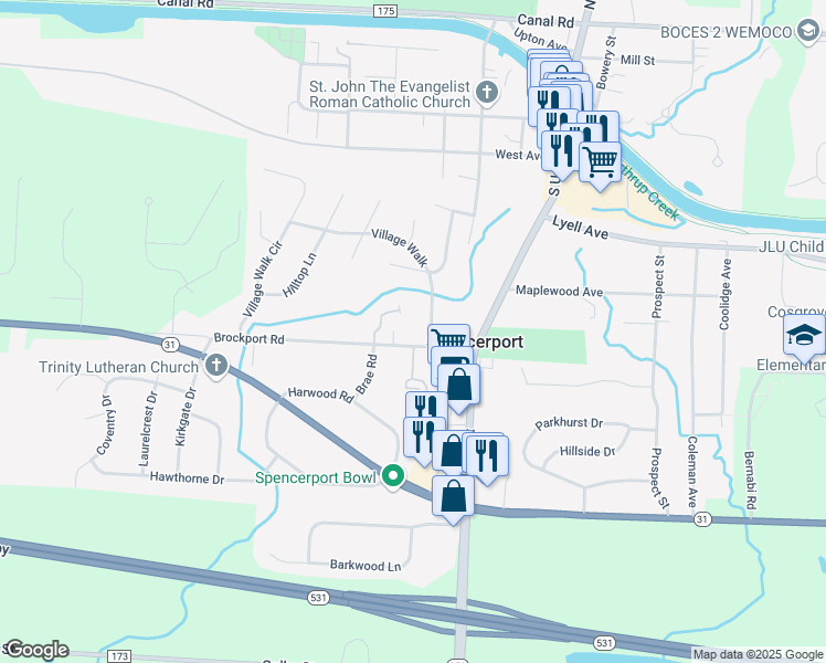 map of restaurants, bars, coffee shops, grocery stores, and more near 3008 Brockport Road in Spencerport