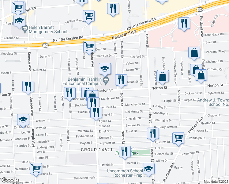 map of restaurants, bars, coffee shops, grocery stores, and more near 975 Norton Street in Rochester