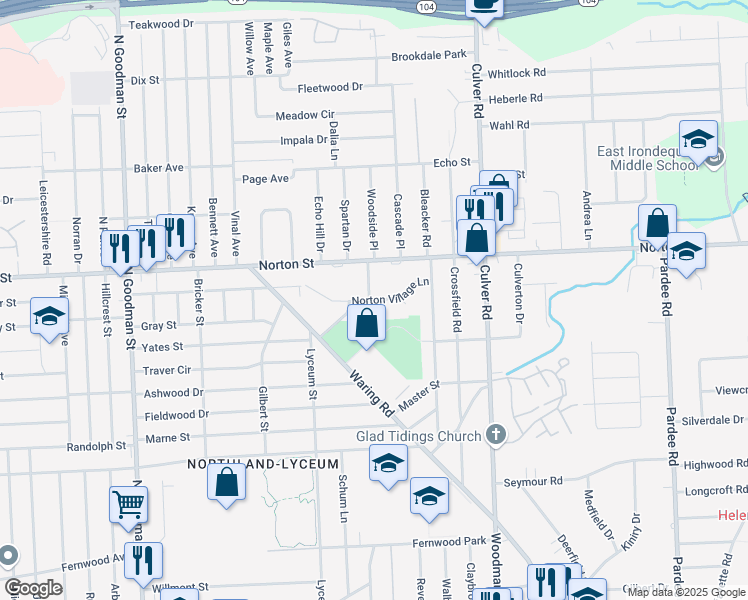 map of restaurants, bars, coffee shops, grocery stores, and more near 137 Norton Village Lane in Rochester