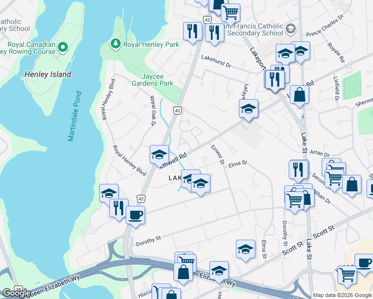 map of restaurants, bars, coffee shops, grocery stores, and more near in St. Catharines