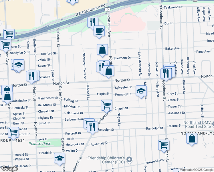 map of restaurants, bars, coffee shops, grocery stores, and more near 20 Dickinson Street in Rochester